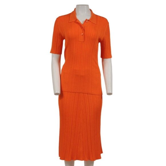 Joseph Womens Polo Skirt Pleated Set Satiny Rib Medium Orange Viscose Stretch - Picture 1 of 16